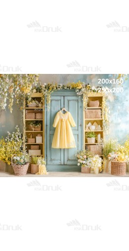 Tło fotograficzne „Wiosenna garderoba z błękitnymi drzwiami” | E823